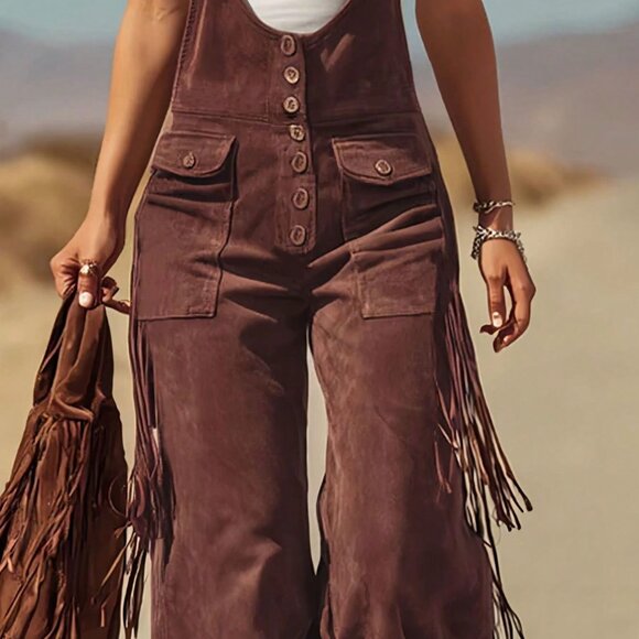Brown Boho Women's Tassel Button Back Wide flared Leg overall Pants - Picture 3 of 4
